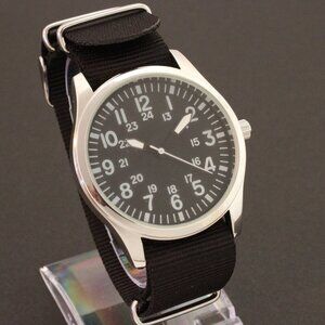 Men's Quartz Field Watch Silver Tone Case Black Military Strap 42mm